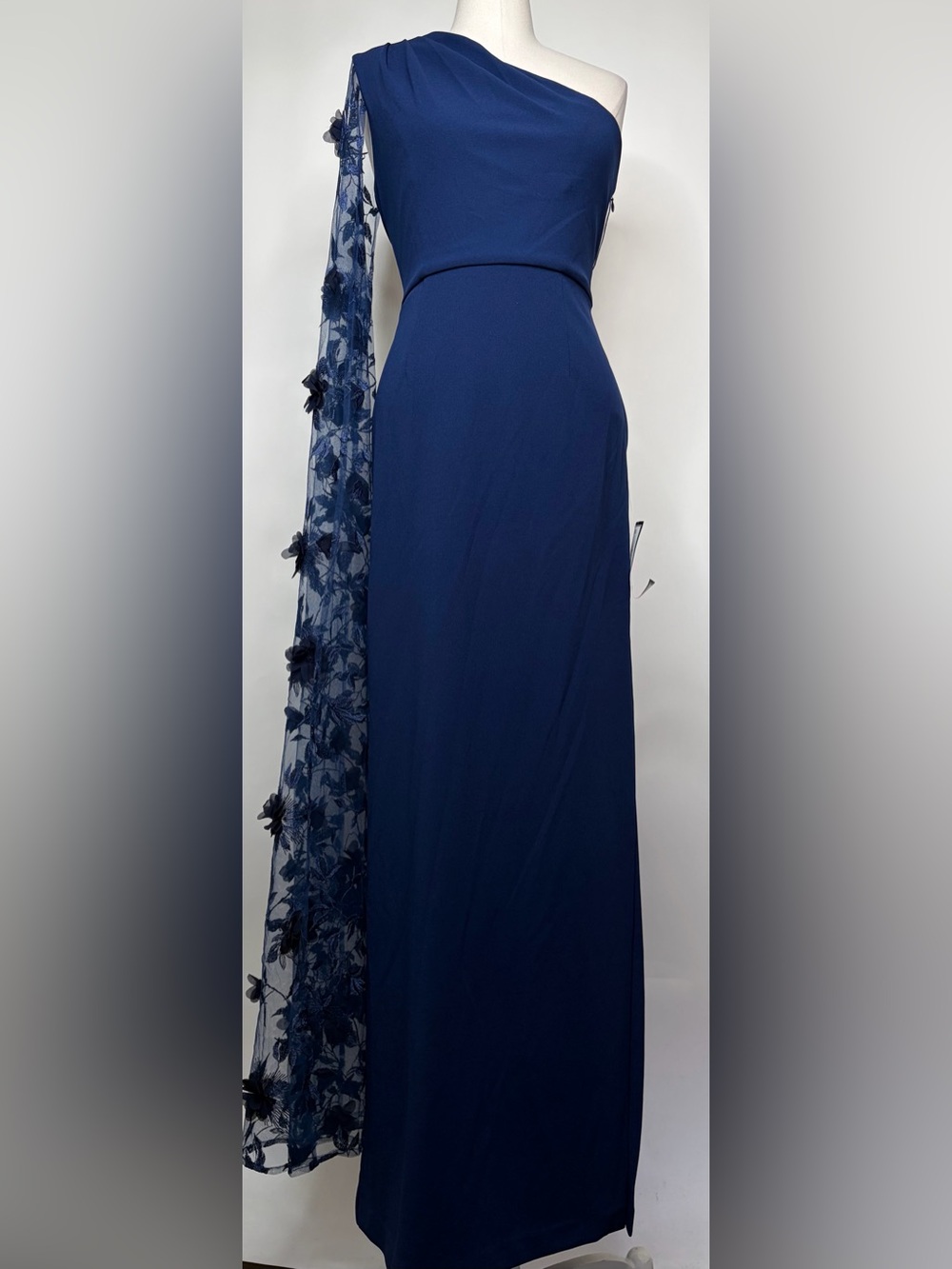 NWT Adrianna Papell Navy One-Shoulder Evening Gown with Floral Appliqué Cape - Picture 4 of 6